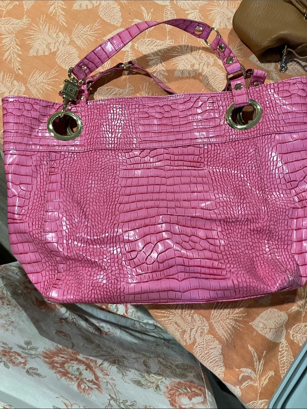 Steven by Steve Madden Fuchsia Croc-Embossed Tote with Gold Hardware